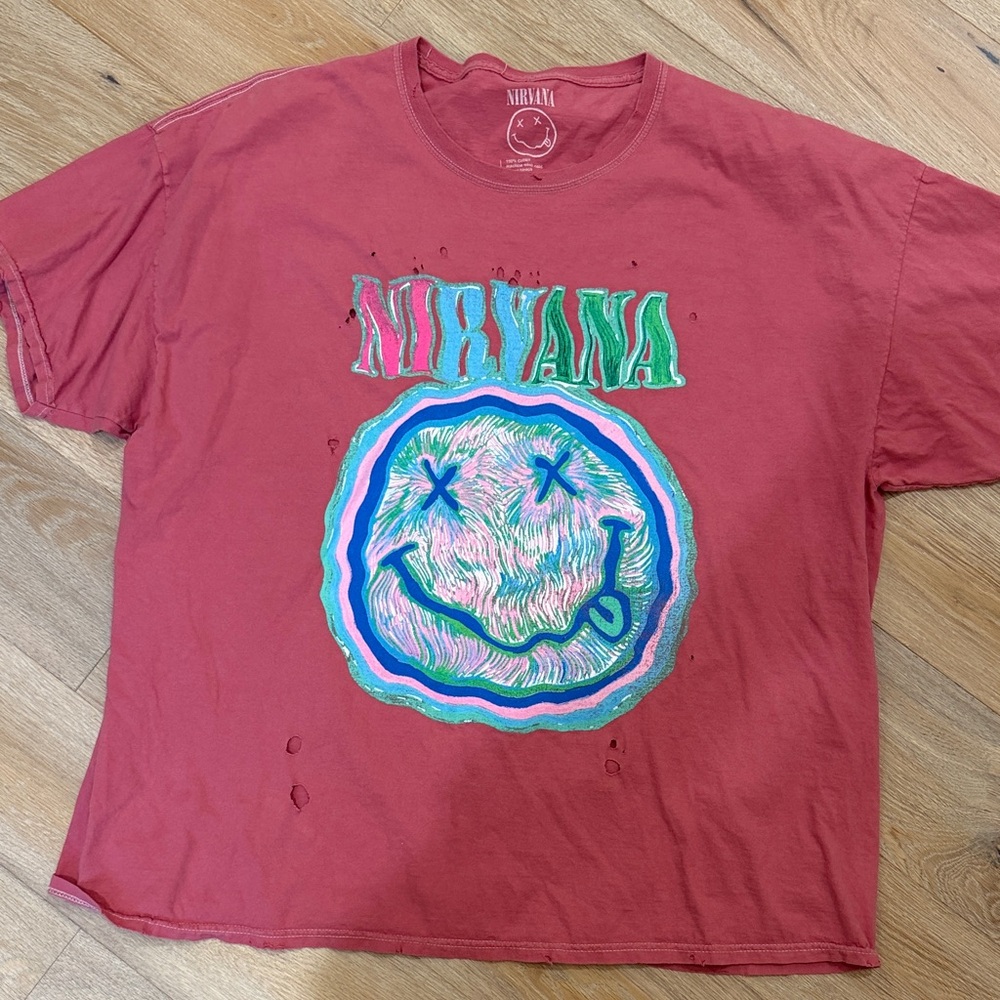 NIRVANA Vintage Red Tee with Smiley Graphic L/XL